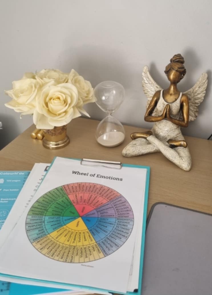 A desk displays a clipboard with a colorful "Wheel of Emotions" chart, a small angel statue seated in a meditative pose, a white hourglass, and a vase with cream roses.
