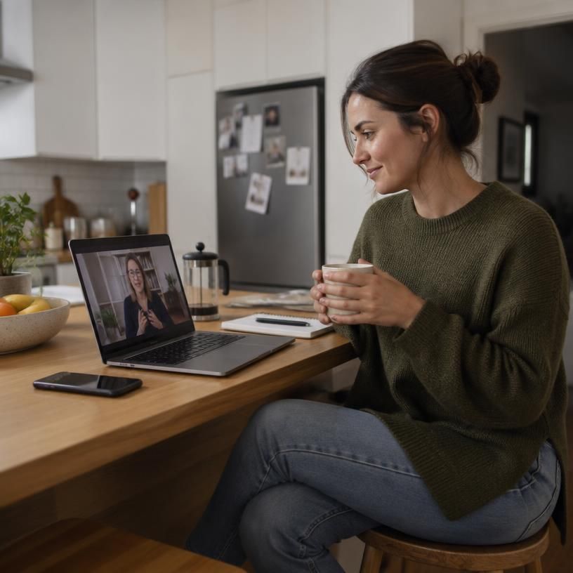 A person wearing headphones sits at a desk, participating in a video call with a woman on a computer screen. The desk is organized and surrounded by potted plants, and natural light streams in through a window.